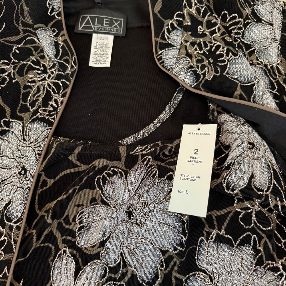 ALEX EVENINGS NWT Black Silver Floral Print Jacket & Tank Set Women's Size L - Picture 16 of 16